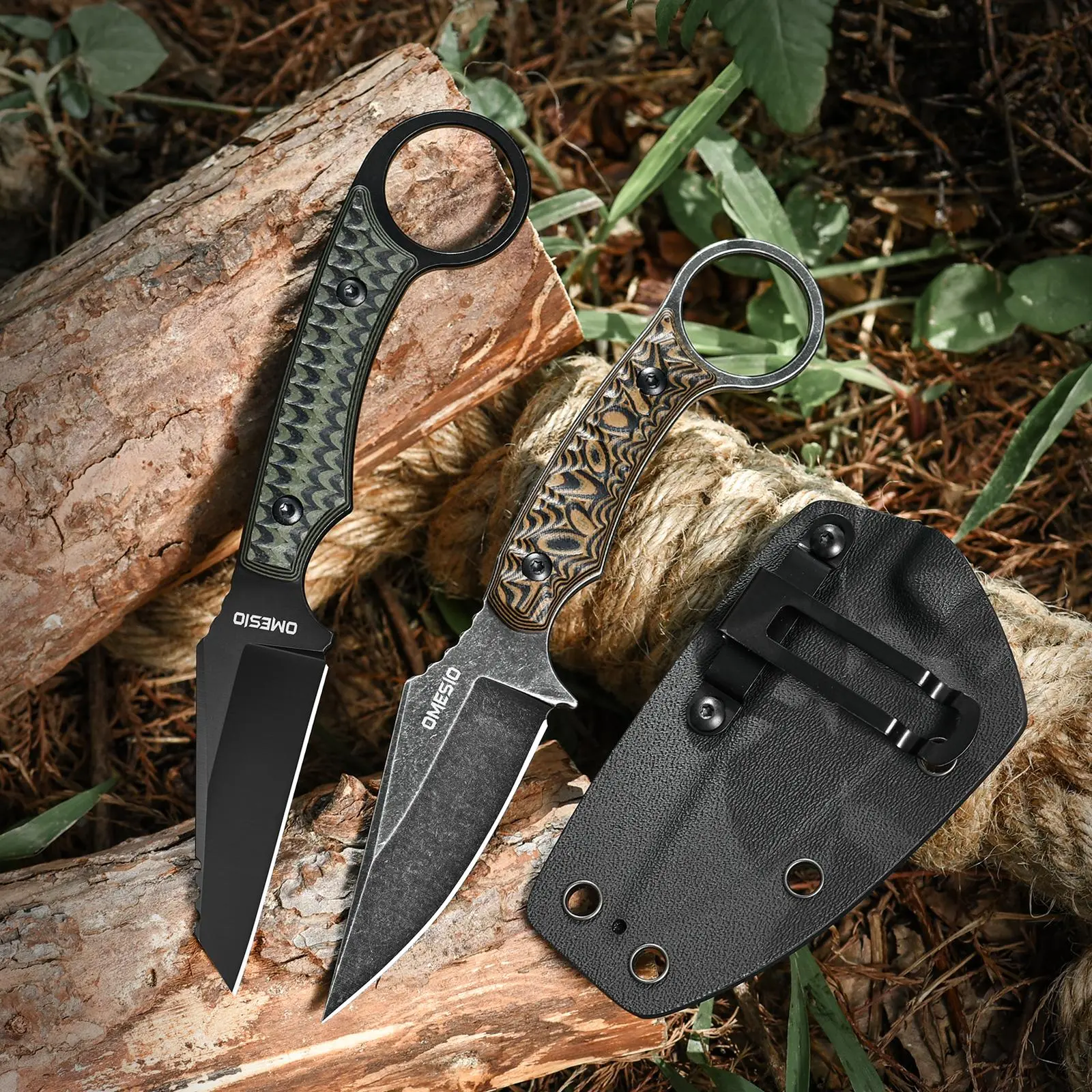 Omesio Premium Outdoor Multifunctional Survival Hand Tool, Solid Core D2 Steel Full Tang Fixed-Blade EDC Utility Knife, Campfire Prep Slicer with Protective Case for Camping & Gifting, Outdoor Survival Gear, Edc Utility Fixed-Blade Knives, Full Tang Fixed