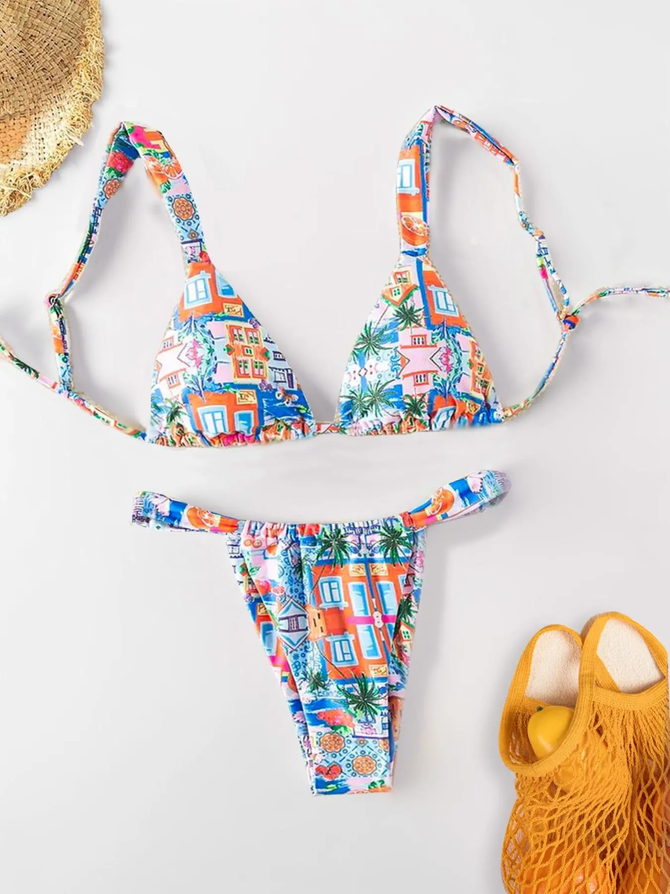 Two-Piece Set Women's Cartoon Print Bikini Set, Boho Triangle Swim Bra & Swim Thong Swimsuit Sets, Bathing Suits 2024 for Women Summer, Back-to-School