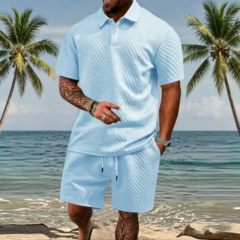 Men’s Two-Piece Set for Summer Solid-Color Casual Athletic Polo Shirt & Lightweight Shorts with Pockets Elastic Waistband Breathable Mesh Fabric Ideal for Vacations Beach Trips Golf Outdoor Activities Clothes Menswear Summervibes