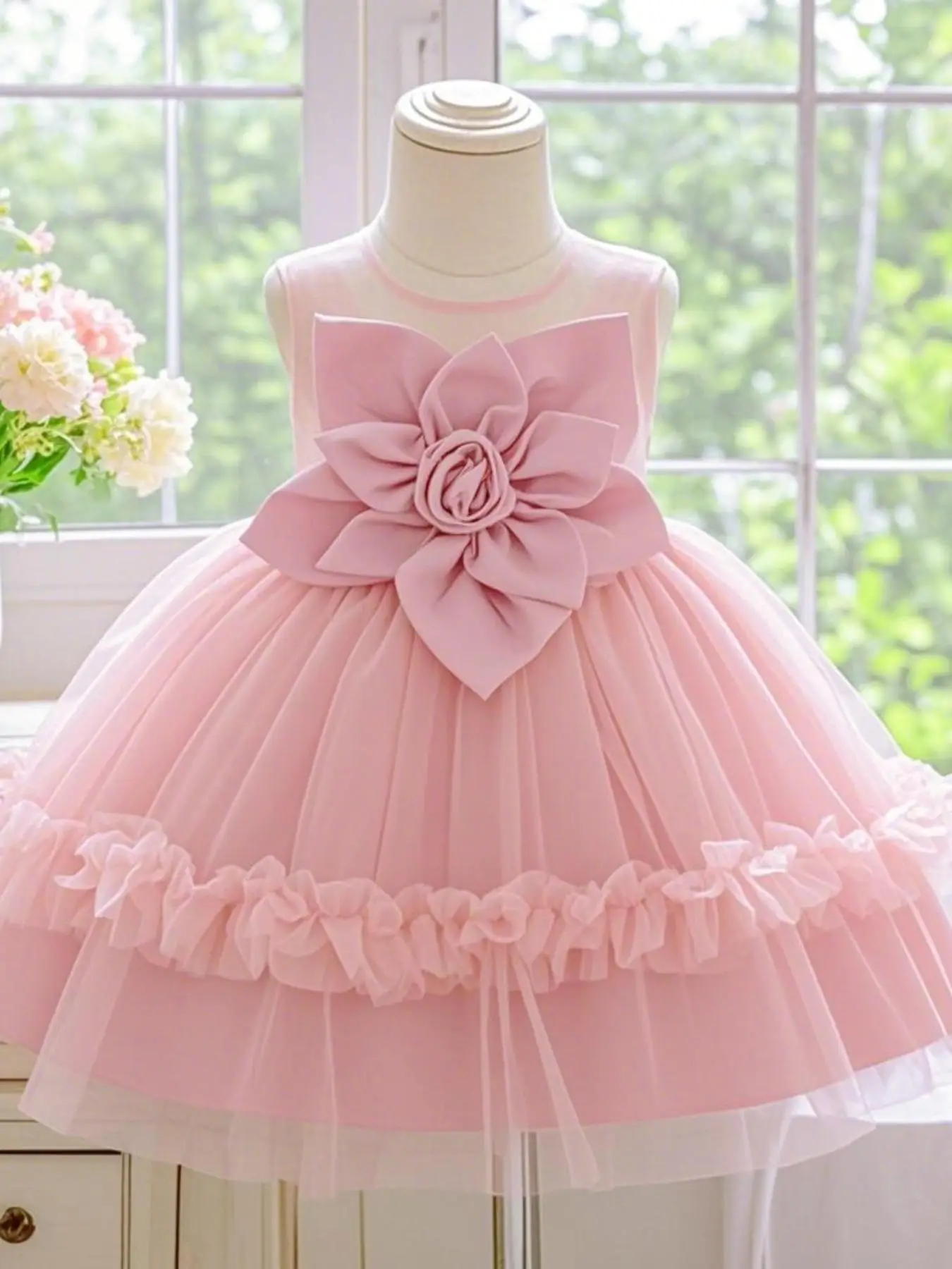 Baby Girl's Flower Decor Ruffle Trim Sweater Dress, Cute Long Sleeve Round Neck Knit Dress for Party Photography Anniversary, Infant Toddler Kids Clot