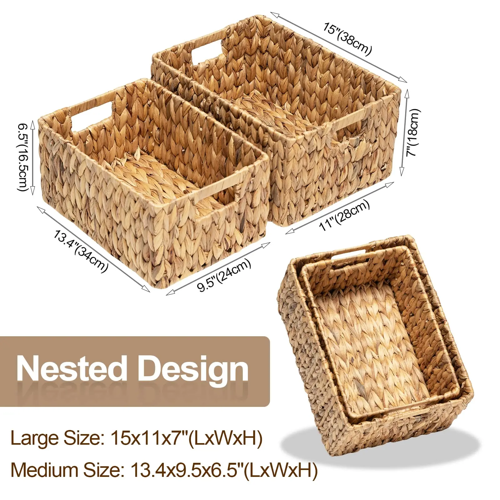 FairyHaus Wicker Baskets 15x11x7" & 13.4x9.5x6.5", 2 Pack Handmade Big Wicker Storage Basket with Handles, Natural Water Hyacinth Wicker Baskets for Storage Shelves Organizing, Rectangle Wicker Basket