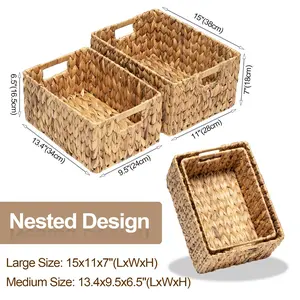 FairyHaus Wicker Baskets 15x11x7" & 13.4x9.5x6.5", 2 Pack Handmade Big Wicker Storage Basket with Handles, Natural Water Hyacinth Wicker Baskets for Storage Shelves Organizing, Rectangle Wicker Basket