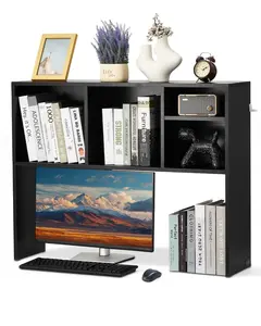 Desktop Bookshelf 1-Tier Storage Organizer With 37-Inch By 9.4-Inch By 28.7-Inch Office Wood Display Rack, Desktop Hutch Featuring Anti-Slip Feet Pads, Ideal For Home Office Dorm, Study Space Or Small Studio, Black
