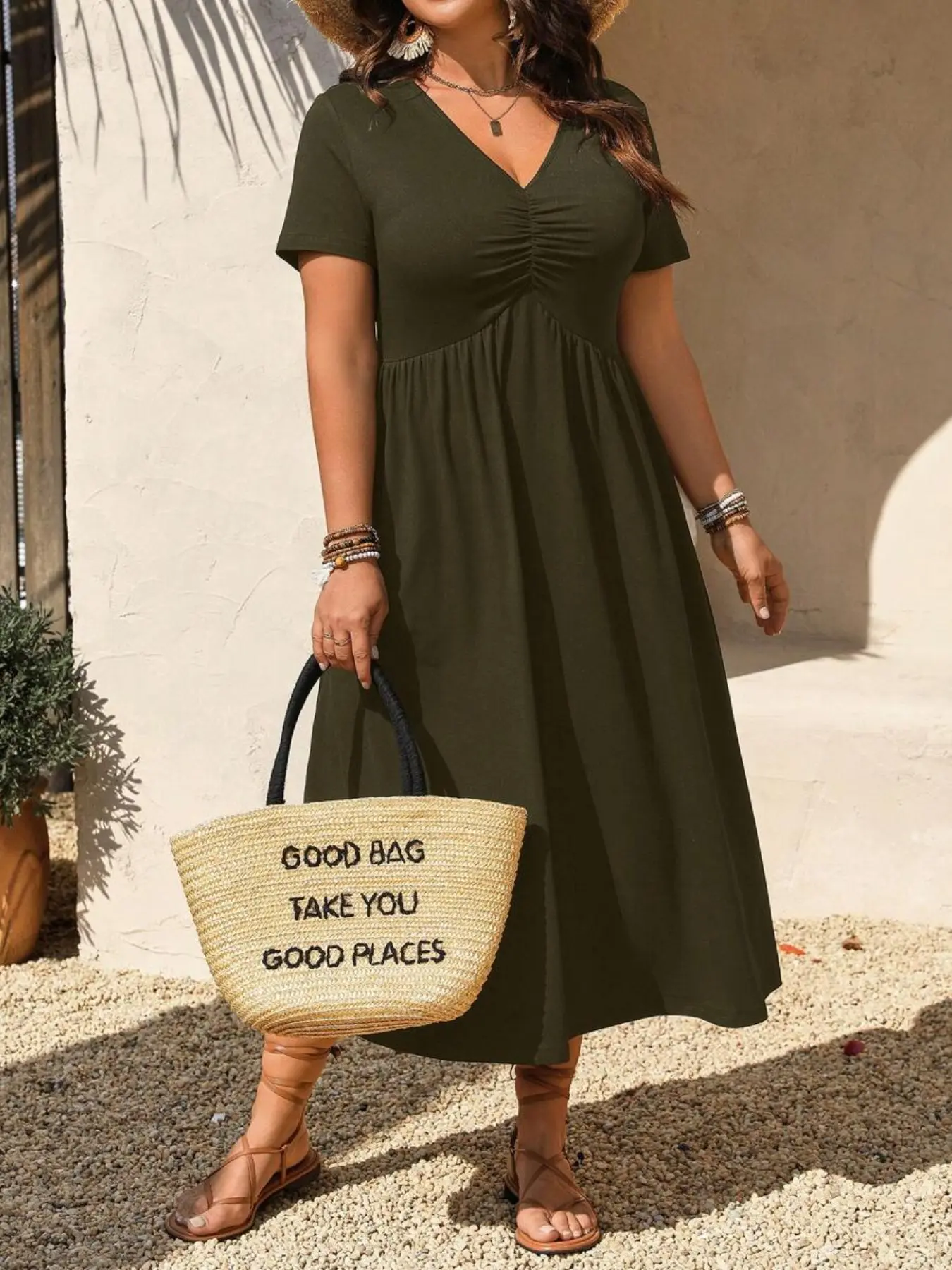 Elegant Plus Size Women's Casual V Neck Ruffle Design Short Sleeve Knit Dress, Summer, New Arrival, Stylish and Comfortable, Womenswear - TikTok Shop Elegant Plus Size Women's Casual V Neck Ruffle Design Short Sleeve Knit Dress, Summer, New Arrival, Stylish and Comfortable, Womenswear - TikTok Shop