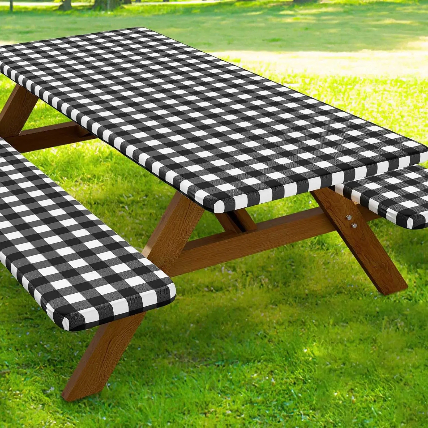 Rectangular Grid Table Cover Set, Vinyl Waterproof Oil-Resistant Easy-Clean, Non-Slip Tablecloth with Rubber Bands, Ideal for Indoor Outdoor Events, Weddings, Banquets, Courtyard, Camping