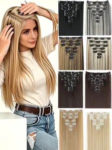 Hair Extensions Straight 24" Clips, Blonde Fluffy Not Tangled, Auburn Clip in Extensions, Synthetic Long Wigs for Women