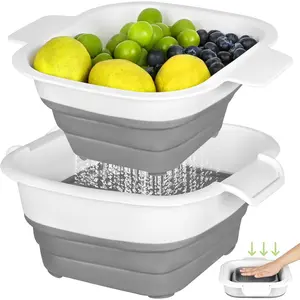 Collapsible Colander Set with Strainer Bowl, 2 in 1 Fruit Washing Basket with Strainer, 5 + 3 QT Plastic Colanders for Kitchen, Foldable Double Layered Colanders Bowl for Vegetable, Grey