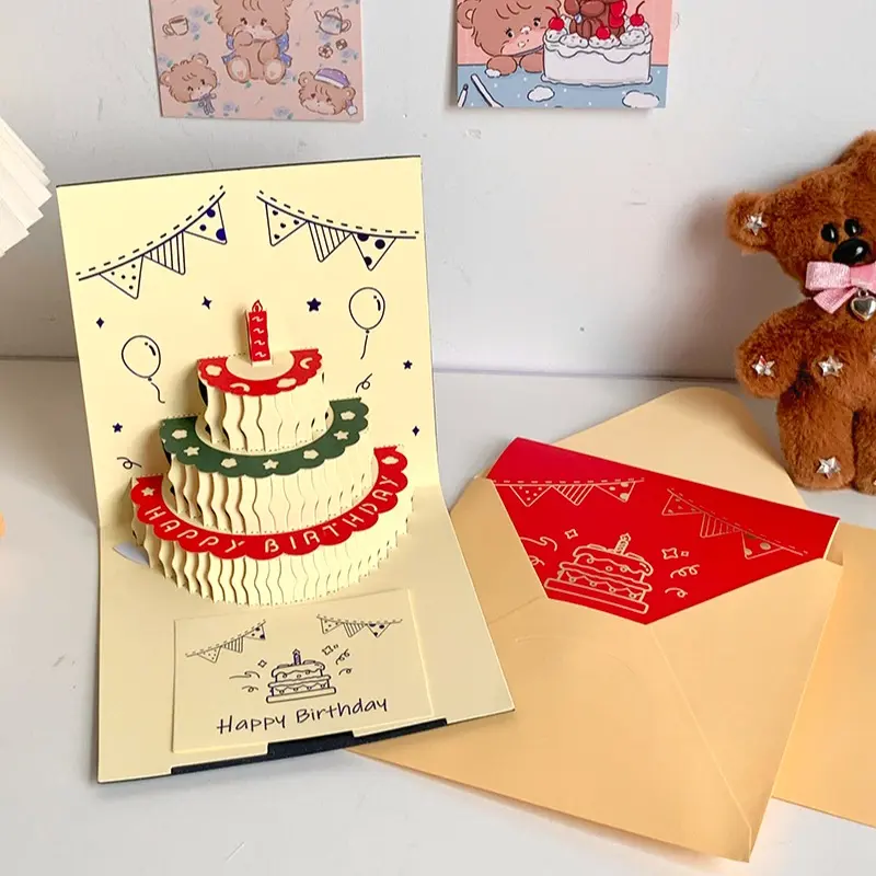 3D Popup Greeting Card & Invitation Envelope Cash Holder for Birthdays, Teens, Kids, with 3D Pop-Up Cake, Pull-Out Cash Gift Surprise, Ribbon, Gold or Red Office Stationery