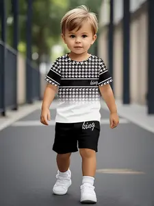 Summer Boys' Luxury Element Set, Checkered Print T-Shirt + Shorts Two-Piece, Casual Fitted, All over Print