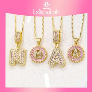 [LeBijouLab] Pink Accent 2-Piece Initial Letter Necklace Set – Golden/Silver with Sparkling Cubic Zirconia | Dainty Bubble Letter Design for Women, Iced-Out Style for Men | Perfect Birthday/Anniversary Gift – Personalized Alphabet Jewelry