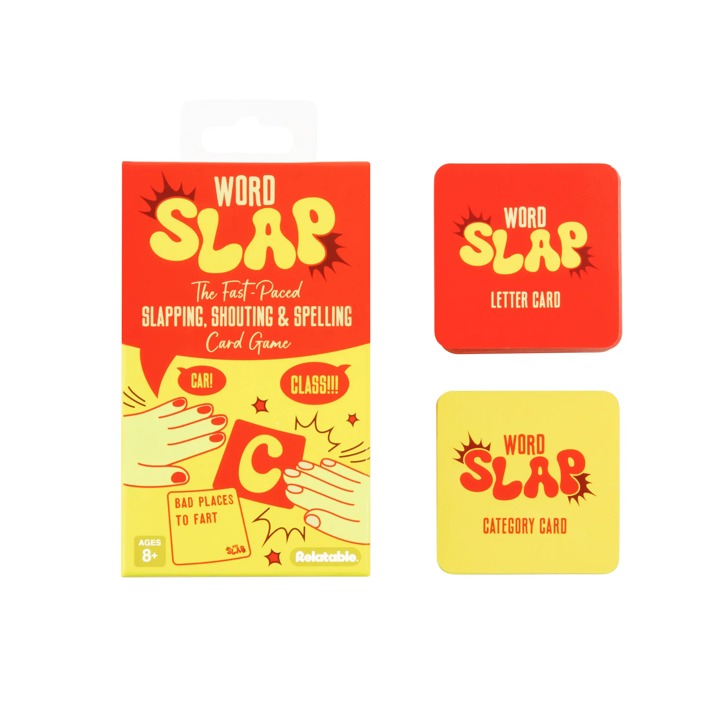 Word Slap by Relatable - Shout It, Slap It, Spell It. A Fast Paced Word Game and Thinking Game Built for Family Game Night, Party Games and Brain Games for Kids – Includes 165 Letter & Category Cards.