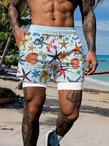 Men's 2-in-1 Compression Liner Swim Shorts, Colorful Starfish & Seashell Print, Quick Dry Drawstring Waist, Casual Summer Beach & Gym Wear