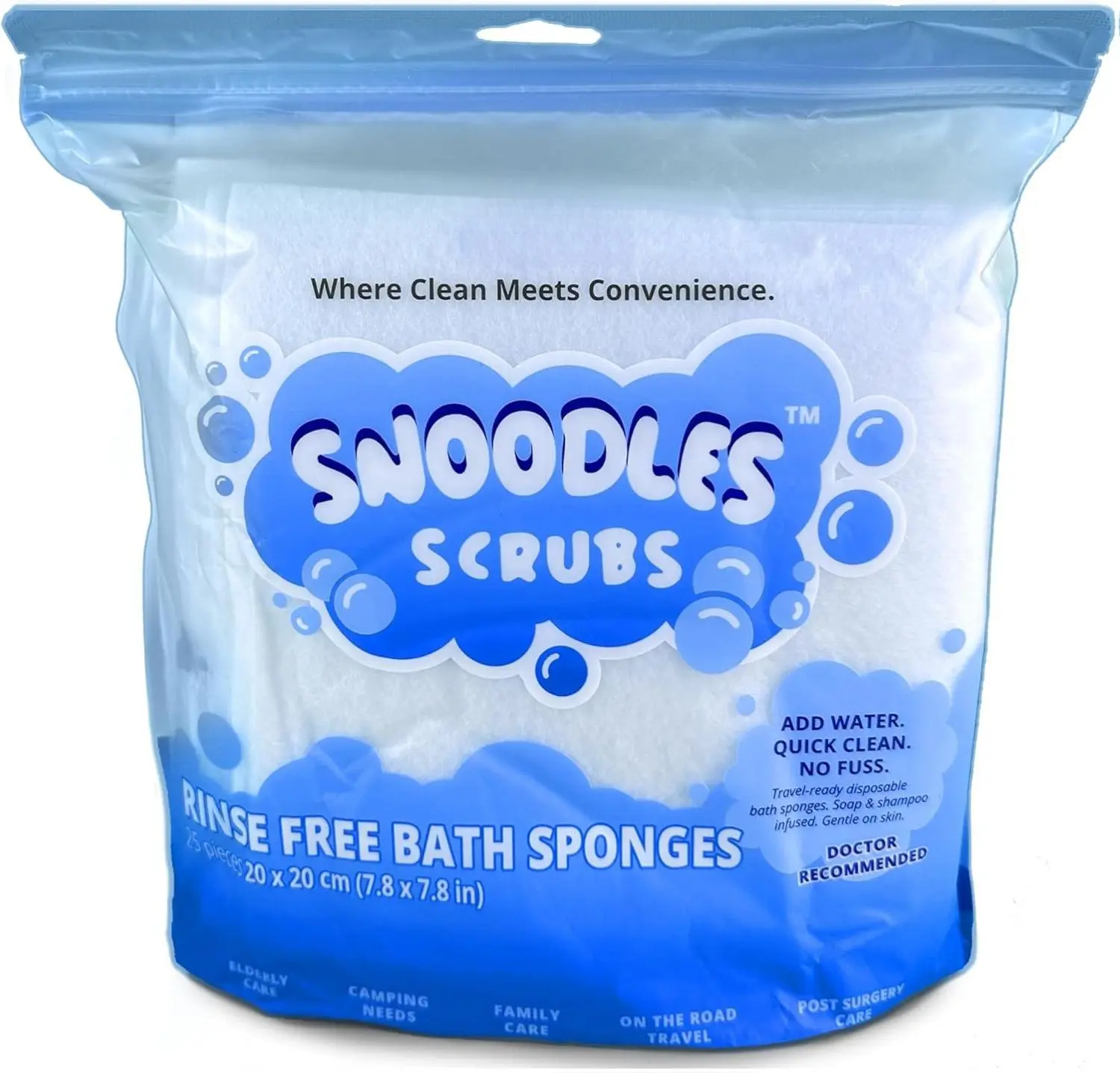 Snoodles Scrubs™ Rinse-Free Bath Sponges - Lightweight Bathing Accessories for Quick Cleaning with Just Water, Normal No-Rinse Alternative to Body Wipes for Camping, Elderly Care, Personal