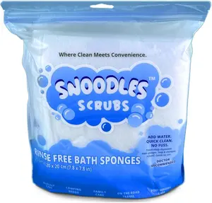 Snoodles Scrubs™ Rinse-Free Bath Sponges Quick Clean with Just Water No-Rinse Body Wipes Alternative for Camping Travel Hospitals Elderly & Emergencies
