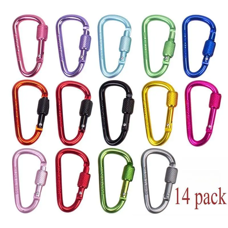 Durable D-Shaped Spring Hook Carabiner 14 Pack, Multi-Color Clips with Easy Attachment for Camping, Hiking, and Keychains
