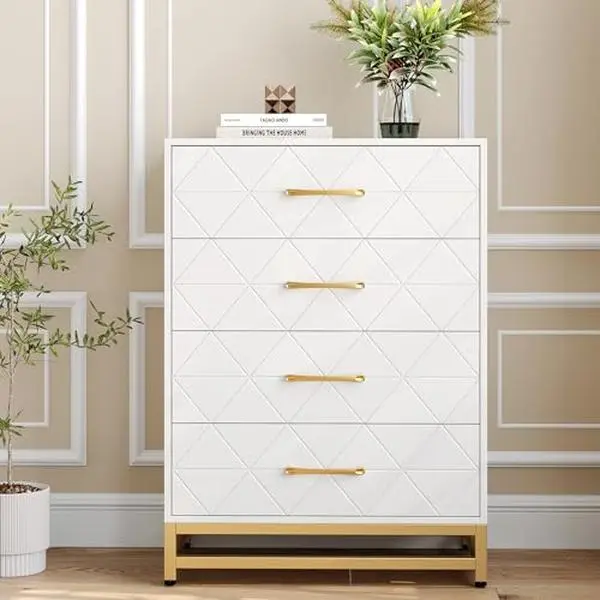 Dresser for Bedroom with 4 Drawer, Modern Dressers Chest of Drawers, with Wide Drawers and Metal Handles, Wood Dressers, White