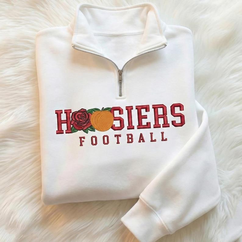Embroidered Indiana Rose Bowl and Peach Bowl Champs Quarter zip Sweatshirt, Indiana Football Embroidery Sweater, Undefeated Hoosiers 25 26