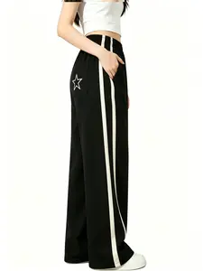 American retro star embroidery side stripes high-waisted wide-leg sweatpants for women — drapey, wrinkle-resistant, thin straight-cut athletic casual pants, bestselling long pants, versatile for all seasons, suitable for campus and street wear