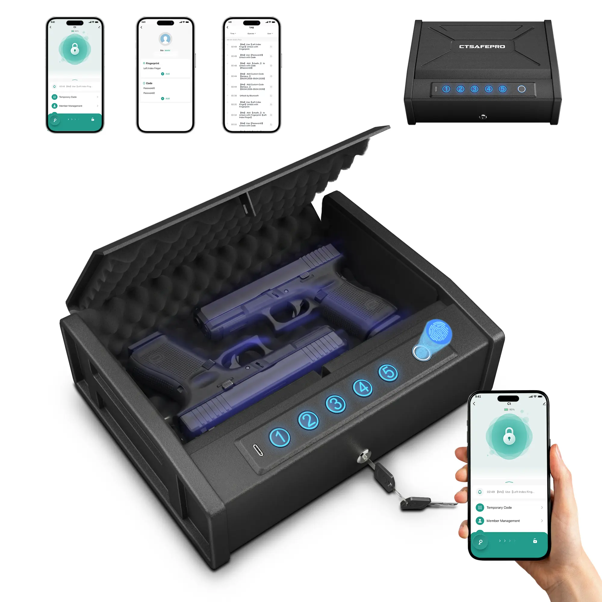 CTSAFEPRO Smart Biometric Gun Safe with APP Control, Fingerprint, PIN Code & Key Access, Anti-Theft Handgun Lock Box for Home, Bedside & Car