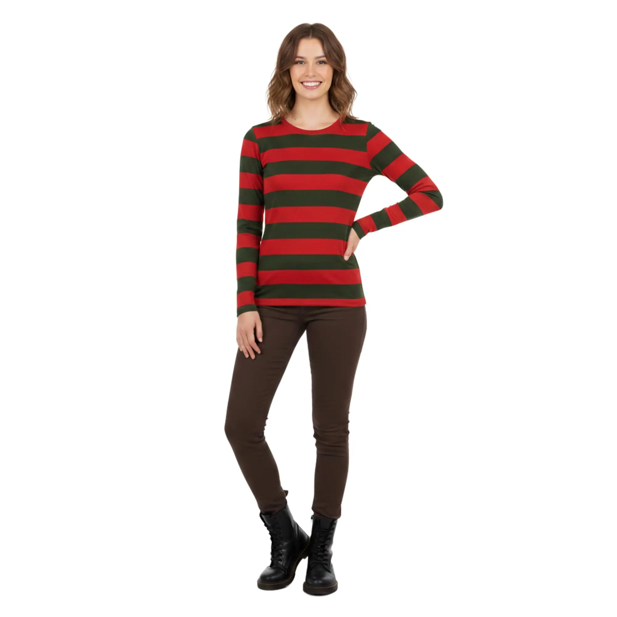 Women's Medium-Weight Long-Sleeve Striped Polyester Blend T-Shirt Top - Freddy Krueger Nightmare Horror Halloween Costume Clothes, DIY Costume Base