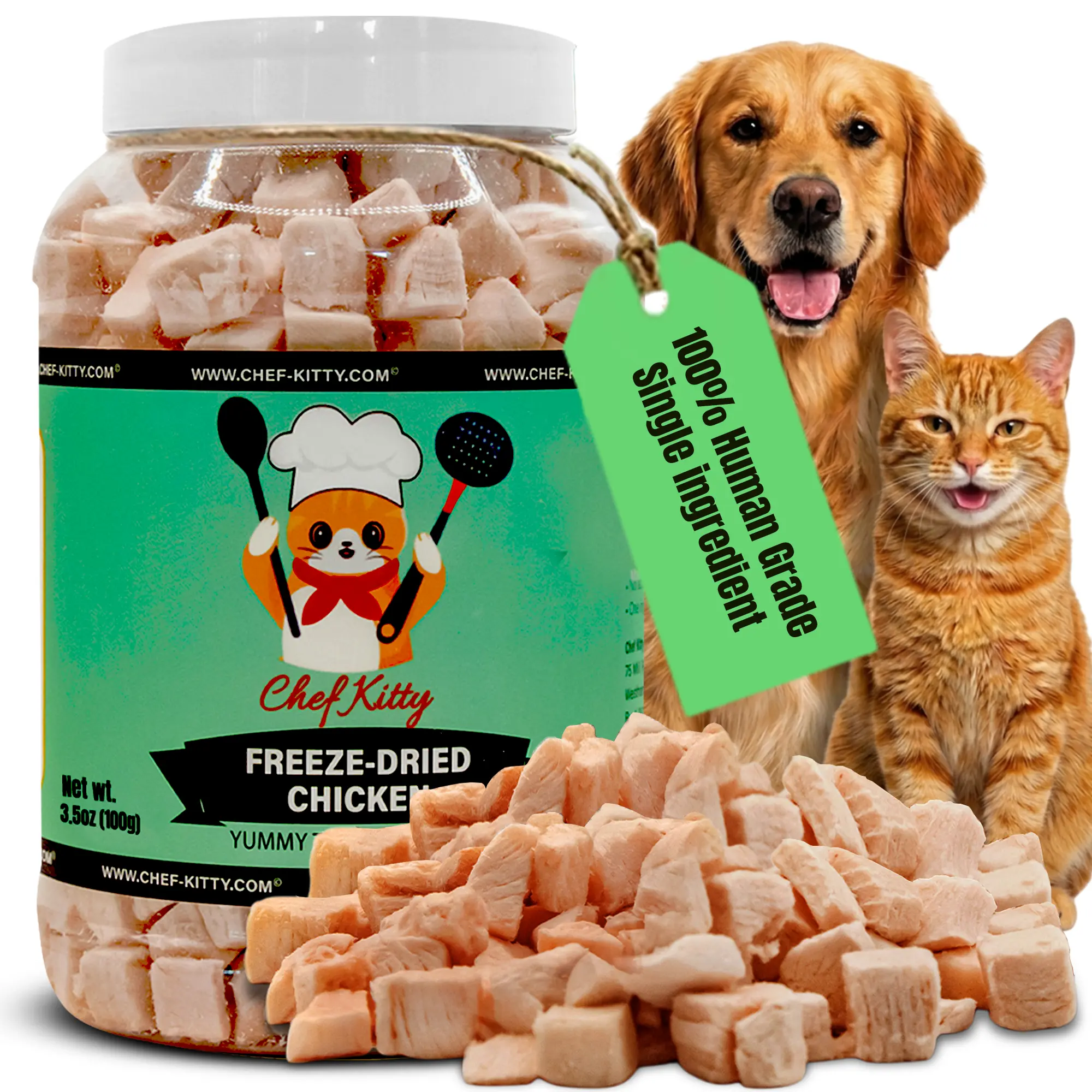 CHEF KITTY Freeze-Dried Chicken Cat Treats & Dry Food Topper, 100% Human Grade, Single Ingredient, Grain Free, USA Inspected & Tested, No Additives/Preservatives, Protein Boost, Sensitive Digestion Safe