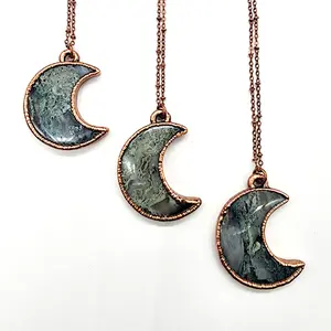MeregingMetals // Moss Agate Crescent Moon Necklace //  Electroformed Jewelry // Soldered Copper Chain