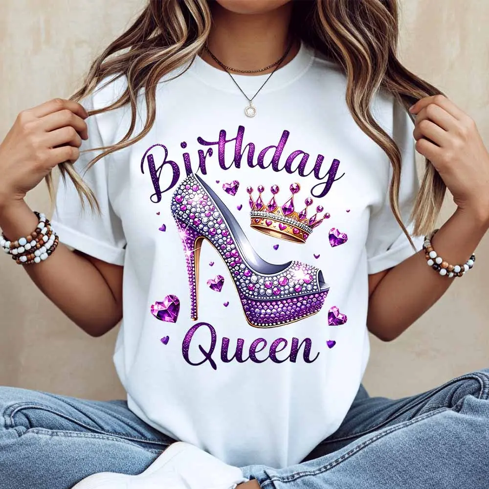 Birthday Queen High Heel And Crown Print T Shirt  White Casual Loose Fit For Everyday Wear And Leisure Activities