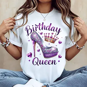 Birthday Queen High Heel And Crown Print T Shirt  White Casual Loose Fit For Everyday Wear And Leisure Activities
