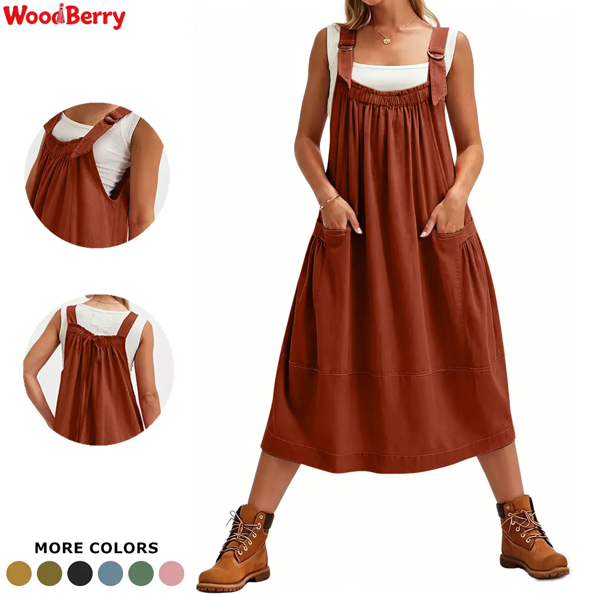 WoodBerry Women's Plus Size Barrel Midi Dress Sleeveless Strappy Maxi Dress with Big Pockets & Adjustable Straps for Summer Casual Wear Minimalist Dress