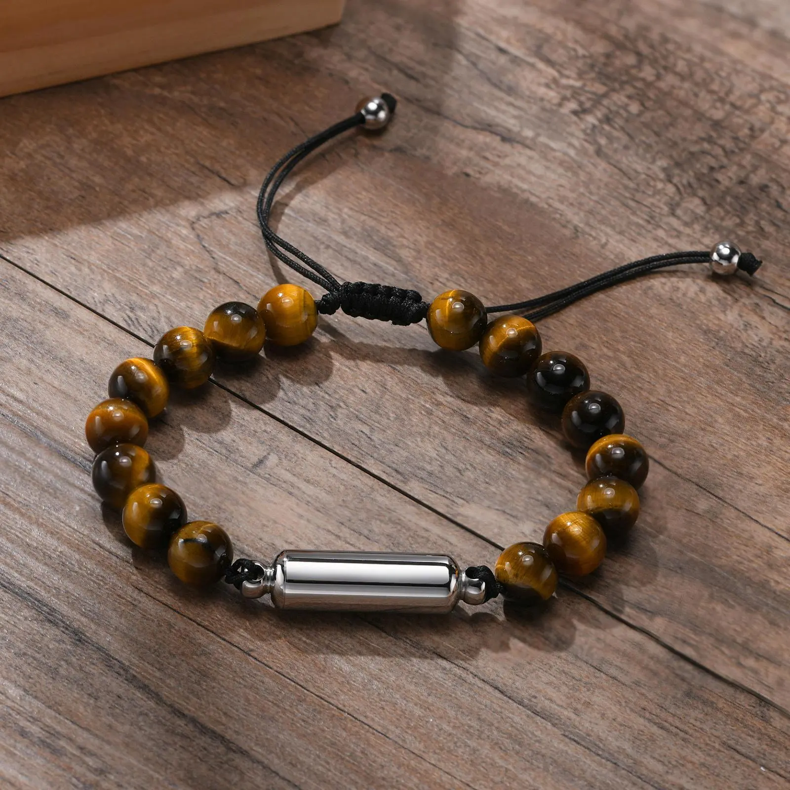 Vnox  Cremation Urn Bracelets for Men, Adjustable Tiger Eye Beads Chain Wristband, Pet Family Papa Ashes Holder