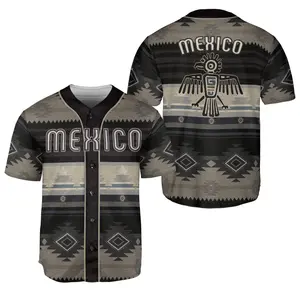 Aztec Tribal Culture Mexico Print Training Jerseys Stripe Baseball Shirt Mexico Flag Cozy Breathable Jersey Lightweight Polyester Unisex Athletic Fit Button Front