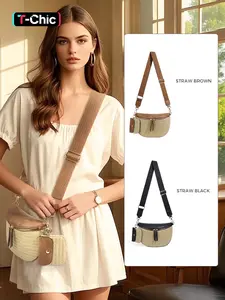 Women's Handmade Straw Woven Crossbody Shoulder Bag, Adjustable Strap, Geometric Design, Zipper Closure, Casual Belt Bag for All Seasons