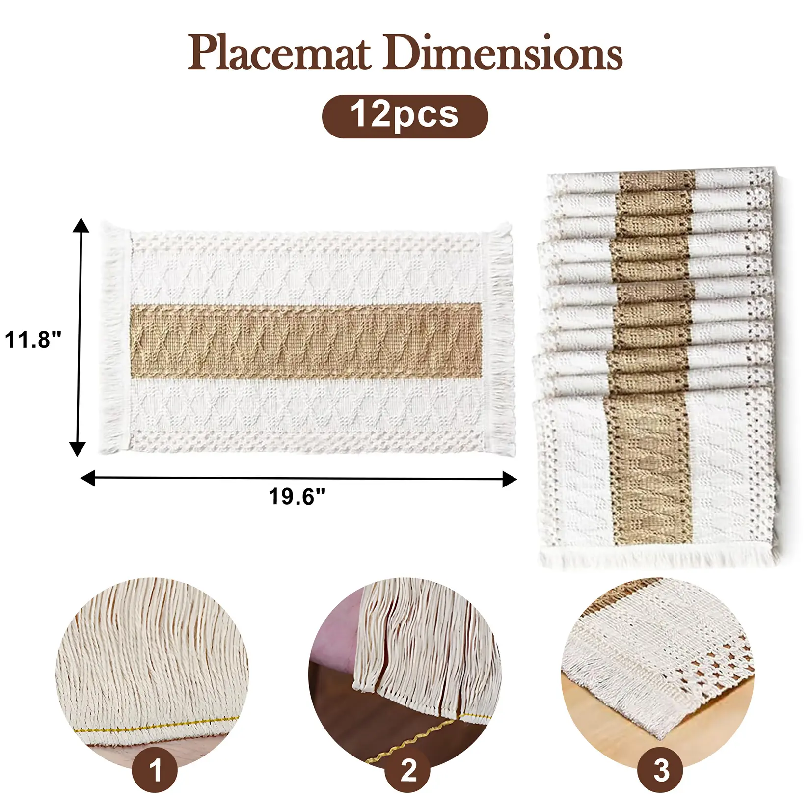 Boho Crochet Tassel Placemats Set of 12 – Linen Cotton Macrame Table Mats – 12x20 Inch, Beige White – Washable, for Farmhouse Kitchen & Dining Room Table Decor, Bohemian, Tableware