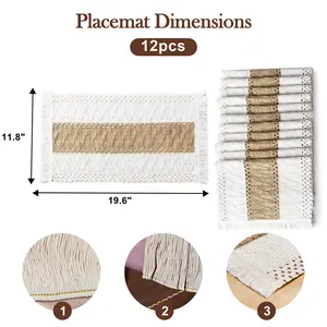 Boho Crochet Tassel Placemats Set of 12 – Linen Cotton Macrame Table Mats – 12x20 Inch, Beige White – Washable, for Farmhouse Kitchen & Dining Room Table Decor, Bohemian, Tableware
