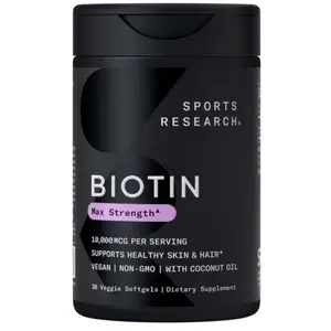 Sports Research Biotin 10,000mcg with Organic Coconut Oil - Biotin (Vitamin B7) for Healthy Skin and Hair Support* - for Women and Men - Vegan, Non-GMO, Gluten & Soy-Free - 30 Veggie Softgels
