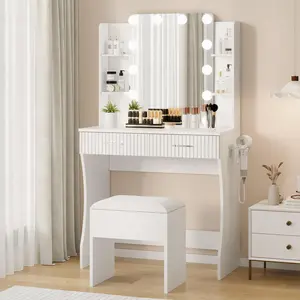 Complete Vanity Desk with Lighted Mirror, Makeup Table Featuring Three-Tier Open Shelves, 2 Sliding Drawers with 4 Dividers, Extra-Wide Desktop, Hair Dryer Holder and Stool Included