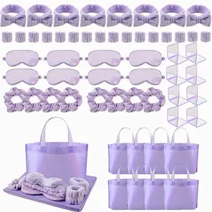 56 Pcs Preppy Slumber Party Supplies for Girls Spa Party Favor Kit with Sleep Eye Masks Spa Headbands Wristbands Satin Hair Scrunchies Mini Makeup Mirrors and Tote Bags Perfect For Bridal Shower & Bachelorette Parties