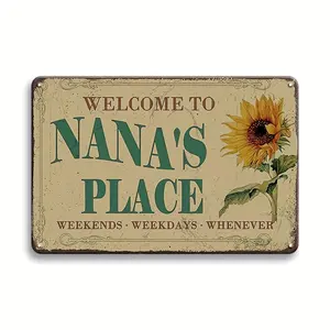 Nana Gifts, Welcome To NANA'S Place Weekends Vintage Metal Sign, Weekdays, Retro Sunflower Front Door Porch Decor Printed Metal Plaque 12x 8inch Metal Tin Decor (8x12inch) Eid Al-Adha Mubarak