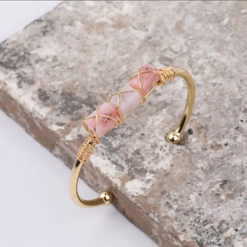 Spiritual Pink Bangle Bracelet - Cancer Awareness Bracelet with Pink Stones and Gold Finish