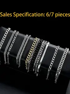 6/7 Piece Casual Fashion Men's Bracelet Set with Beaded Cross Stainless Steel Wrist Cuban Chains, Perfect Gift for Dates & Special Occasions Stackable Bracelets