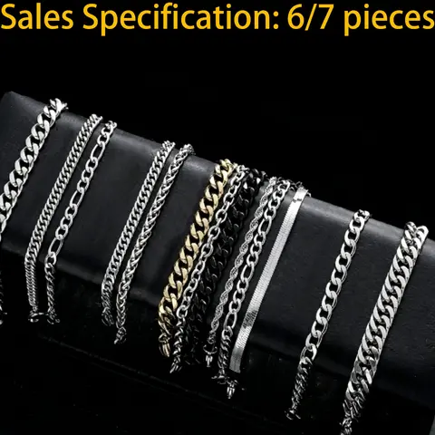 6/7 Piece Casual Fashion Men's Bracelet Set with Beaded Cross Stainless Steel Wrist Cuban Chains, Perfect Gift for Dates & Special Occasions Stacking Bracelet Stackable Bracelets