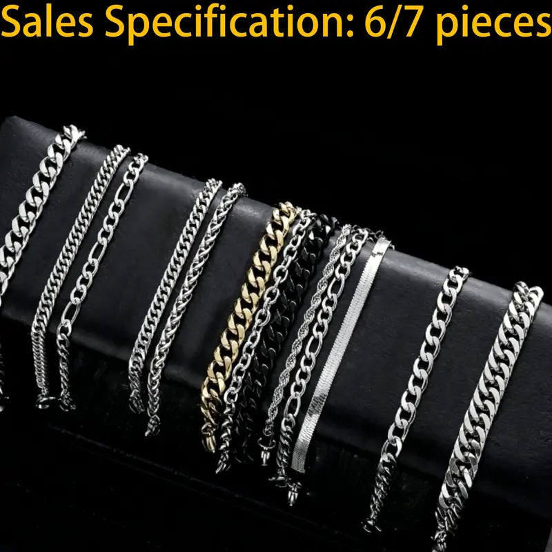 6/7 Piece Casual Fashion Men's Bracelet Set with Beaded Cross Stainless Steel Wrist Cuban Chains, Perfect Gift for Dates & Special Occasions Stacking Bracelet Stackable Bracelets