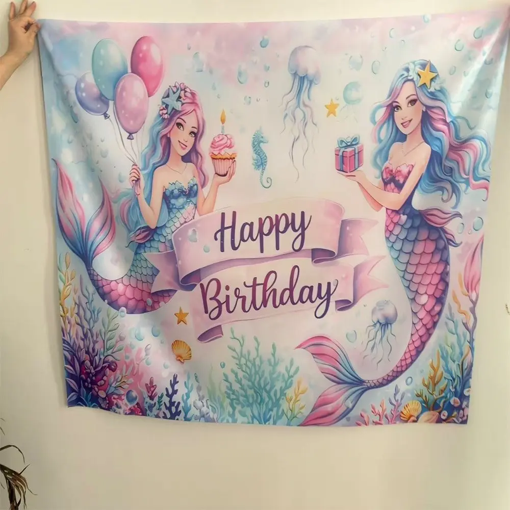 2D Flat 1PC Polyester Banner, Mermaid Birthday Theme Design, Featuring "Happy Birthday" Lettering, Cartoon Mermaid Figures, Marine Life Elements & Dreamy Macaron Color Scheme, Sweet Dreamy Style, Indoor and Outdoor Use, Happy Birthday Decorations
