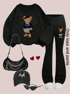 Cute Bear Print Sweater Set, Soft and Vibrant Atmosphere, Perfect for Comfortable Sleepovers or Lazy Days, Casual Fitted Fall & Winter Loungewear, Sweatshirt