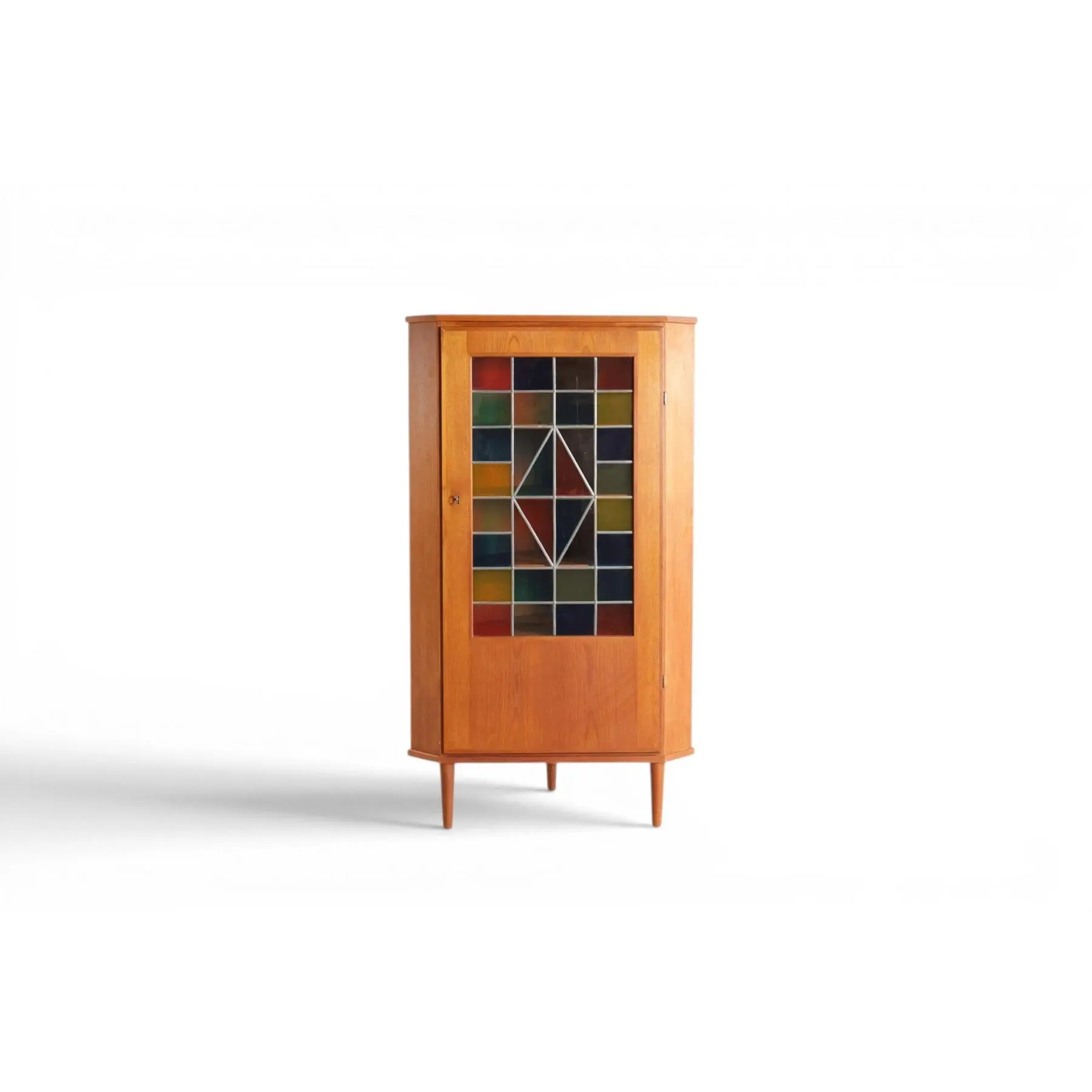 1960s DANISH TEAK CORNER UNIT WITH STAINED GLASS DOOR