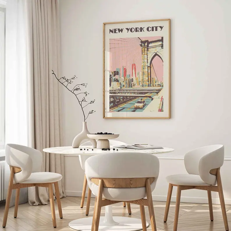 Vintage New York Wall Art - Retro NYC Poster Print - Brooklyn Bridge Decor - US Landmark Gift for NYC Lovers Artistic Ornaments Room Decoration
