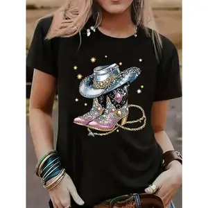 Western Cowboy Short-Sleeved Printed T-shirt, Casual and Versatile, Rhinestone/ Glitter Design for Visual Effect Womenswear Tshirt
