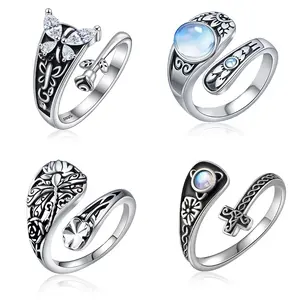 Vintage 925 Silver Adjustable Ring | Perfect Gift for Her | Gothic Dragonfly & Moonstone Jewelry