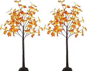 2 Pack 4FT Artificial Lighted Maple Tree, Fall Decorations for Home with Timer, 96 LED Prelit Fall Decor Maple Tree with Warm White Light for Indoor Outdoor Harvest Halloween Thanksgiving Day, Orange