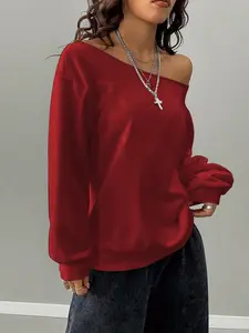 Women's Plain Basic off Shoulder Sweatshirt, Casual Street Fashion Loose Long Sleeve Pullover for Daily Wear, Stylish Ladies Summer Clothes, Breathable Tops, Feminine, Womenswear